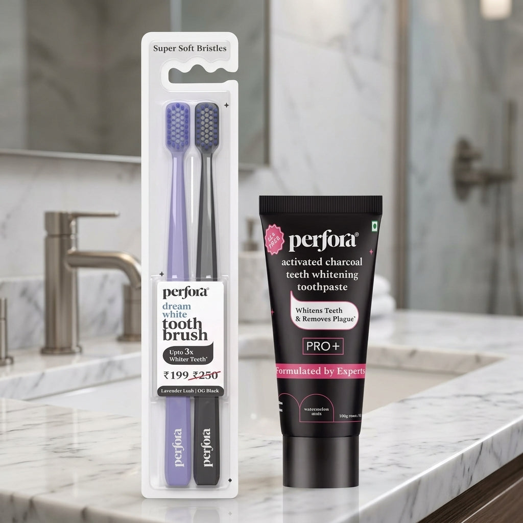 Perfora Teeth Whitening Combo | 2 Toothbrushes + Charcoal Toothpaste 100 g