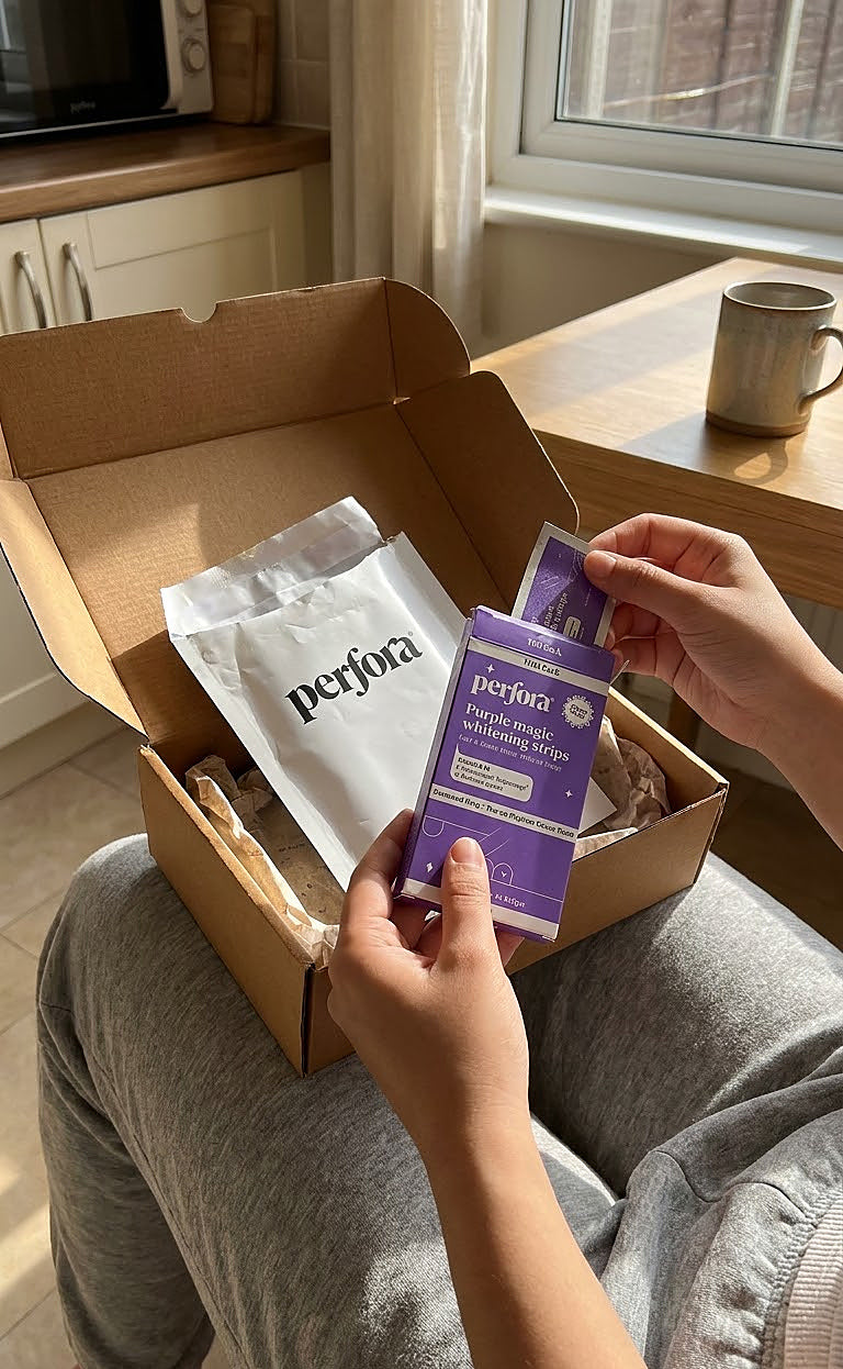 Shruti Pillai holding Purple Teeth Whitening Strips