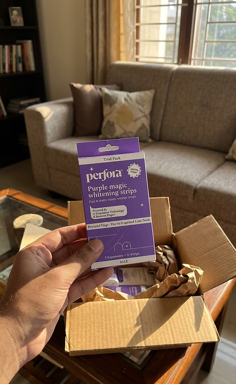 Kunal Sethi holding Purple Teeth Whitening Strips