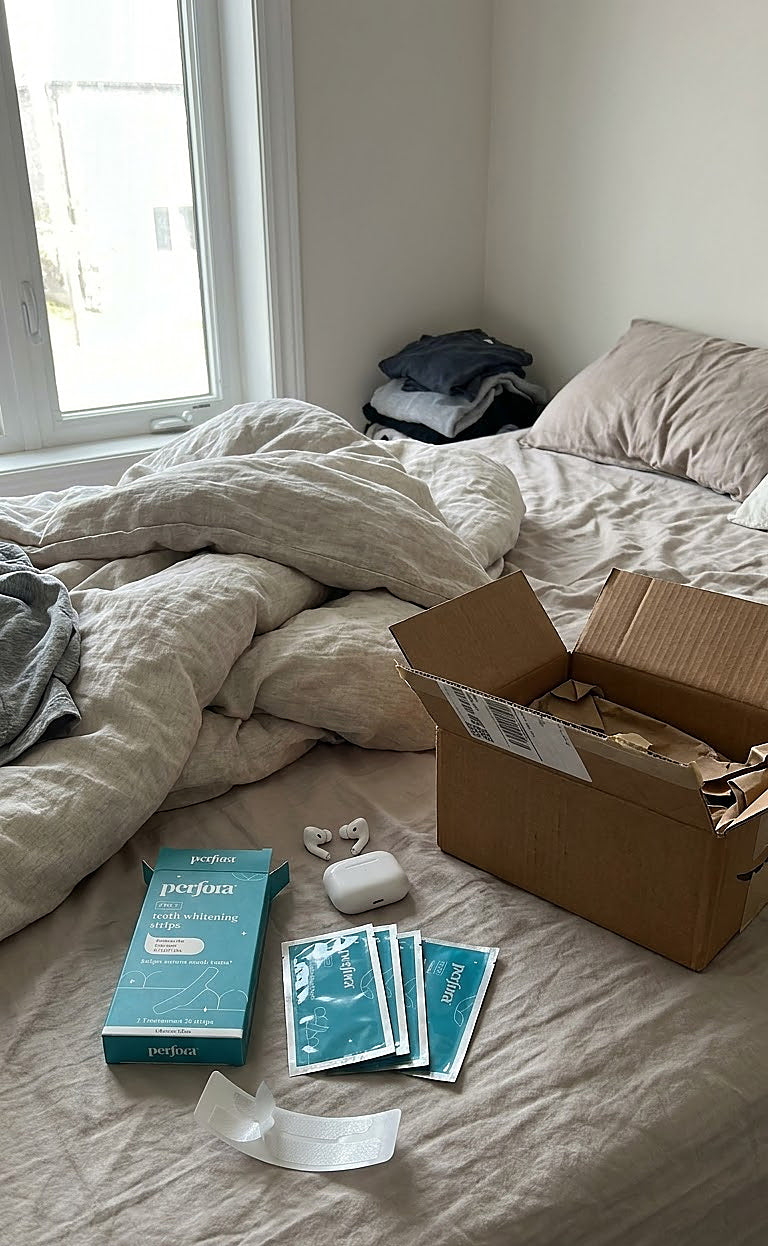 Arjun Verma holding Teeth Whitening Strips (Classic Mint)