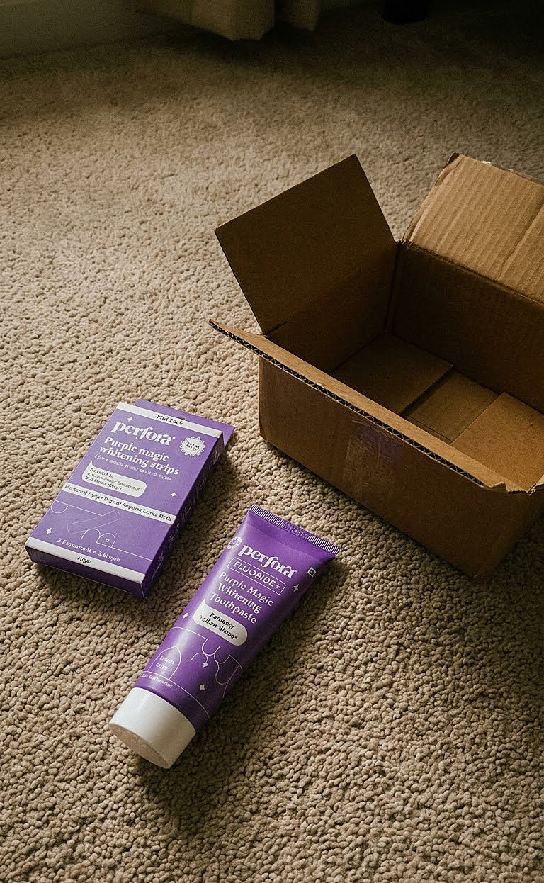 Nikhil Bansal holding Perfora Purple Magic Duo (Paste + Strips)