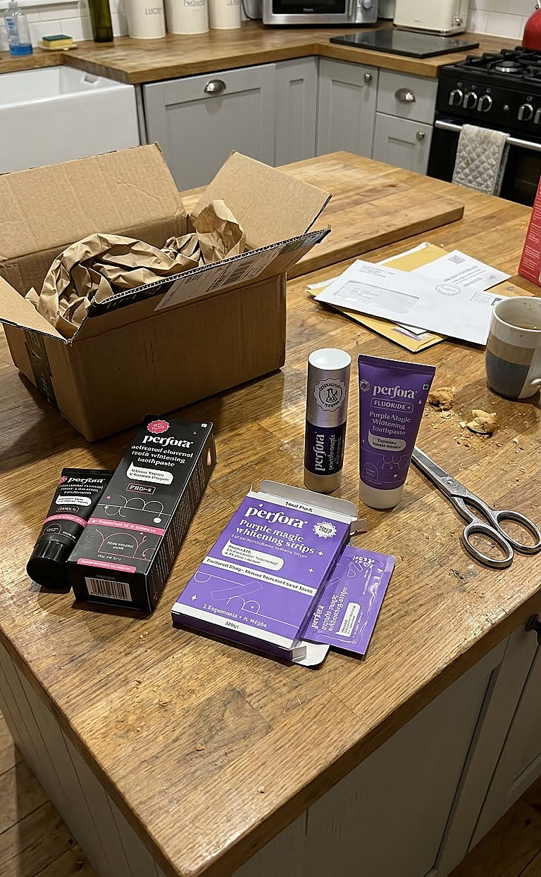 Tarun Bhatia holding Perfora Teeth Whitening Combo Set