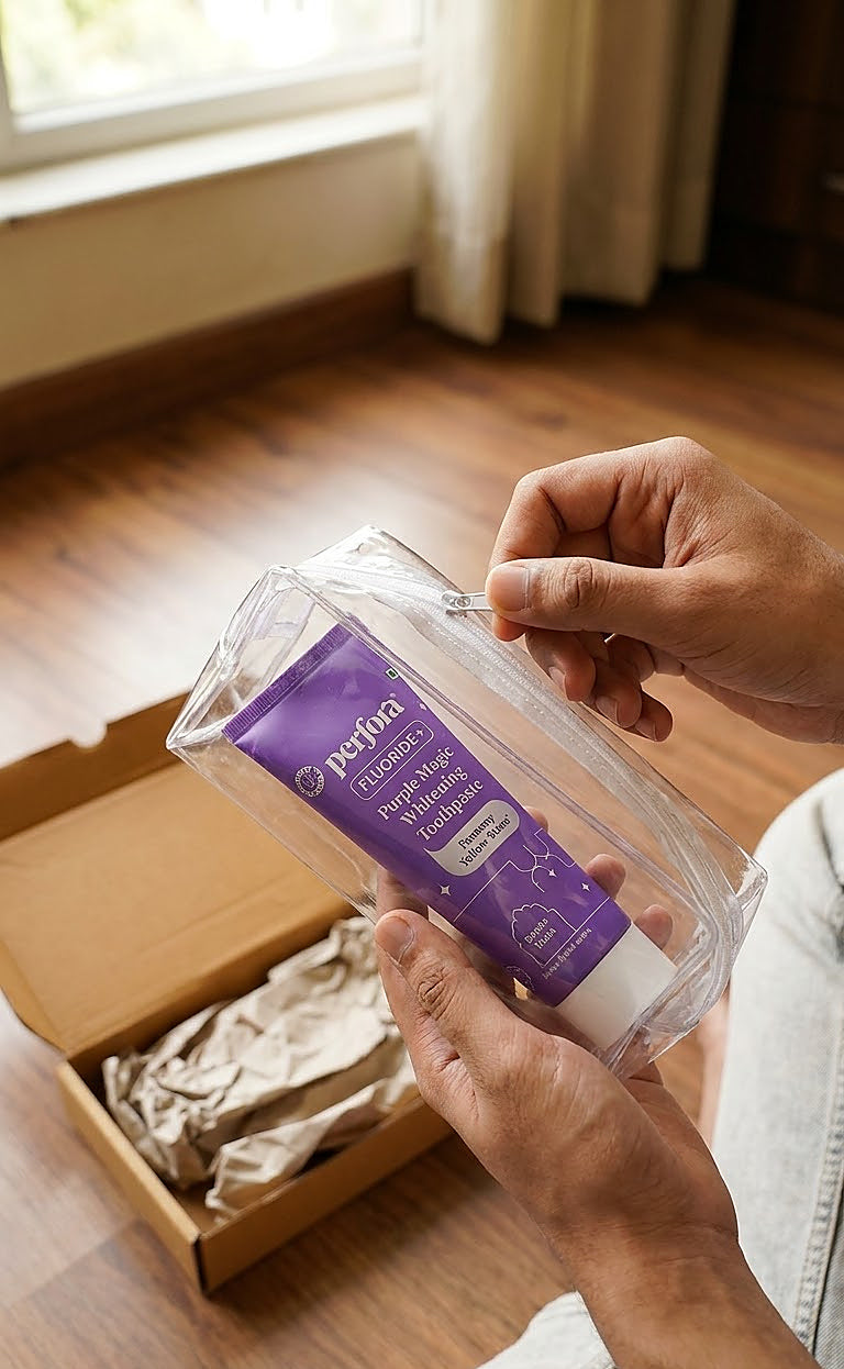 Alok Sengupta holding Perfora Travel Oral Care Kit