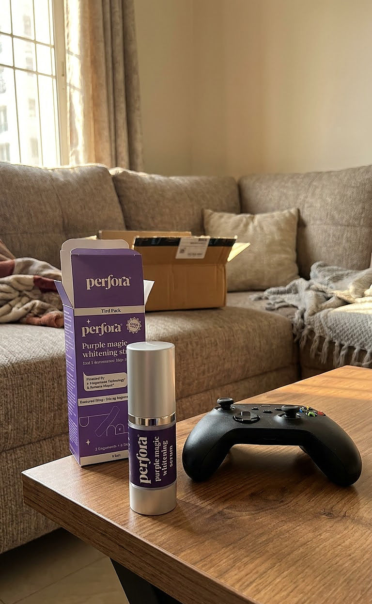 Sunita Chhabra holding Purple Teeth Whitening Serum